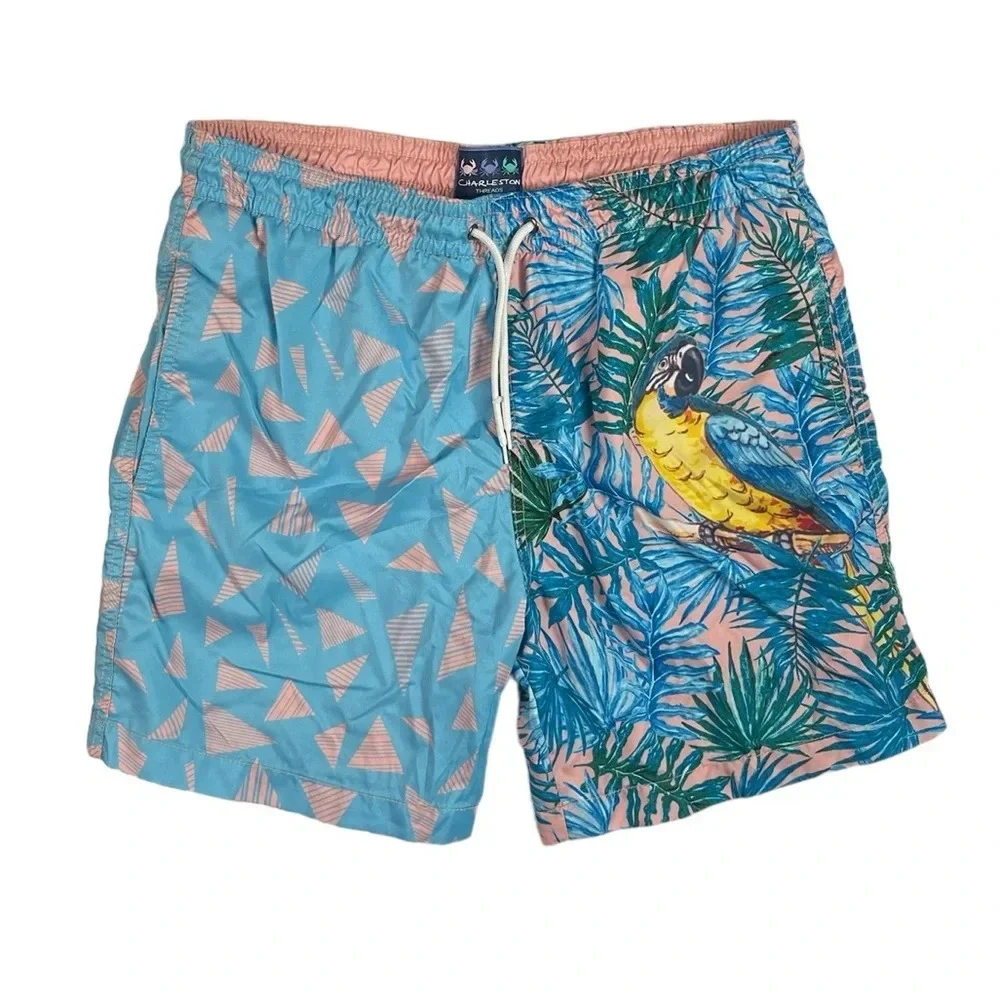 SH720 Men’s Charleston Threads Tropical Parrot Hawaiian Beach Swim Trunks L